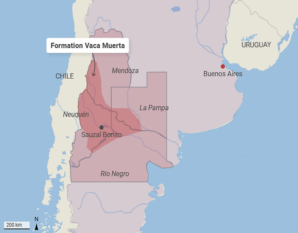 Karte der Vaca-Muerta-Formation in Argentinien mit markierten Provinzen und Städten.